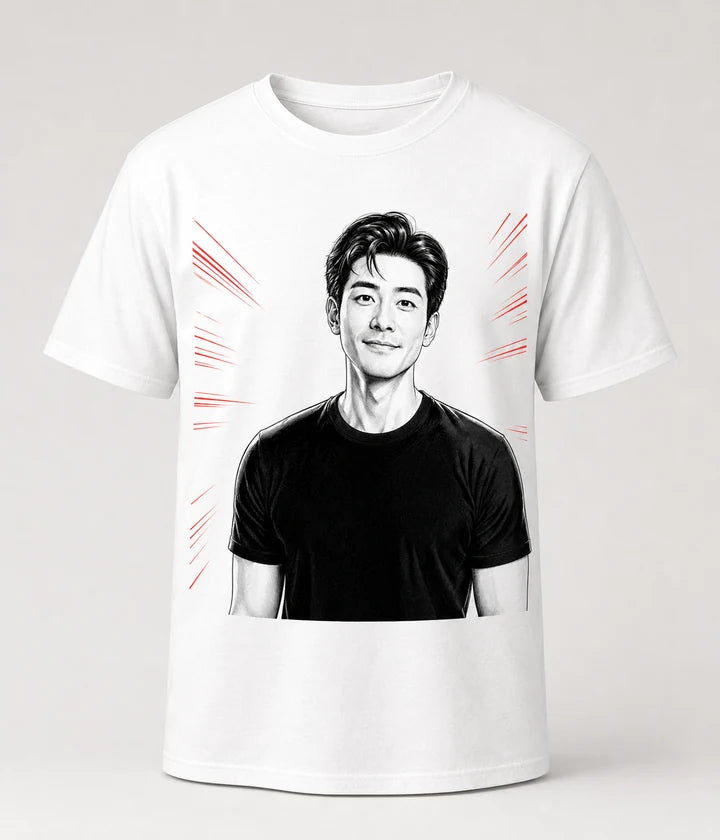 Finished white T-shirt printed with the custom manga portrait