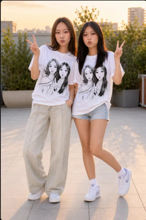 Two friends wearing white T-shirts printed with their custom manga duo portrait