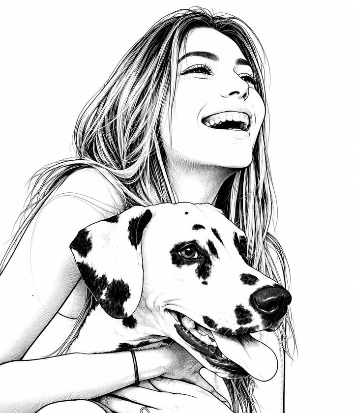 The same woman and her dalmatian redrawn as original black-and-white manga artwork