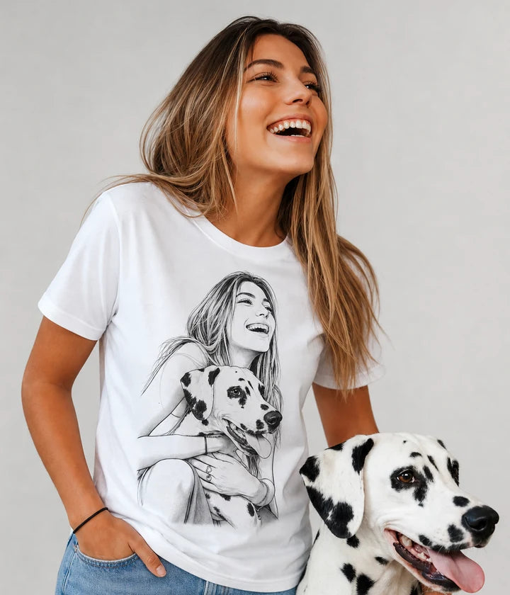 Woman wearing a white T-shirt printed with the manga artwork of her and her dalmatian